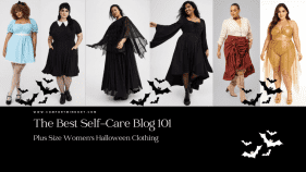 Plus size women modeling trendy Halloween costumes including storybook, gothic, witch, steampunk, and goddess outfits for 2025, featured on Comfort Mind Body self-care blog with bat graphics