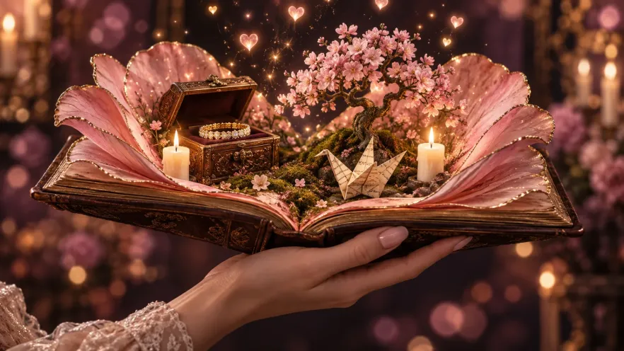 14 Cute Valentine’s Day Gifts for Her To Remember: By Style & Budget 2 1. Open storybook with pink flowers, candles, a jewelry box, and an origami bird.