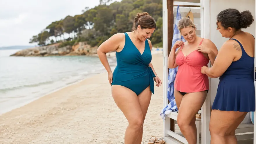 10 Best Plus-Size Swimwear Picks for Fit, Support and Coverage 2 Swimwear collage showing a teal wrap-style one-piece at the beach and coral and navy swimwear in a changing area.