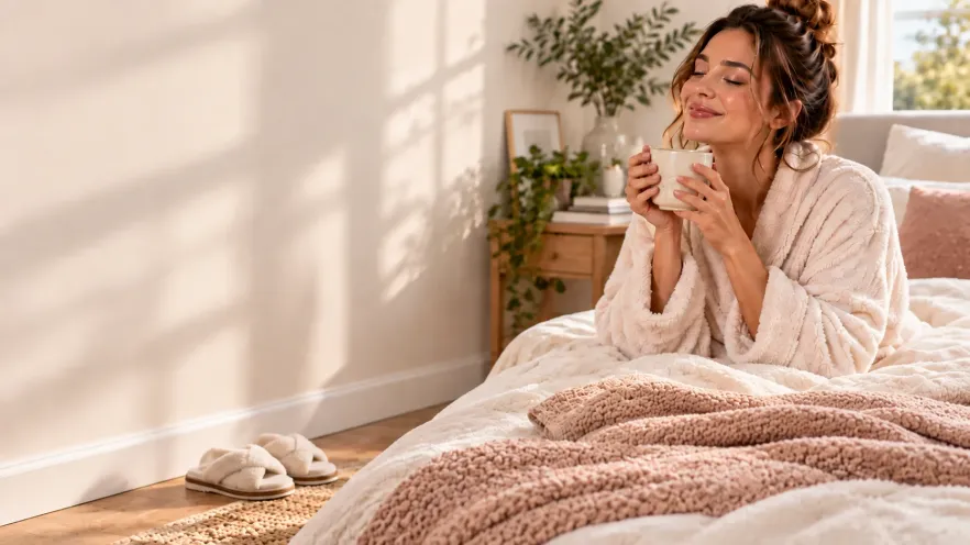 27 Thoughtful Self-Care Gifts for Her Everyday Rituals 2 Woman in a cream robe holding a mug in a sunlit bedroom