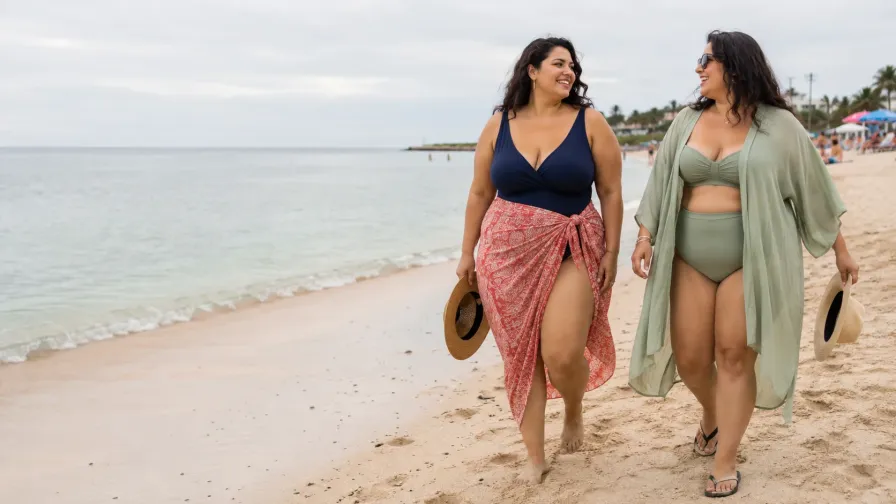 Plus-Size Beachwear Trends 2026: What to Wear After Swimming 2 Two adults walking along the beach in navy and sage swimwear, with a coral sarong and an open sage cover-up.