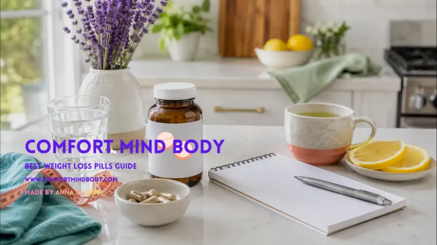 Best Weight Loss Pills: A Safe 2026 Guide Before Buying 2 Best weight loss pills guide with supplement bottle, water, notebook, measuring tape, tea, and lemon slices on a bright kitchen counter