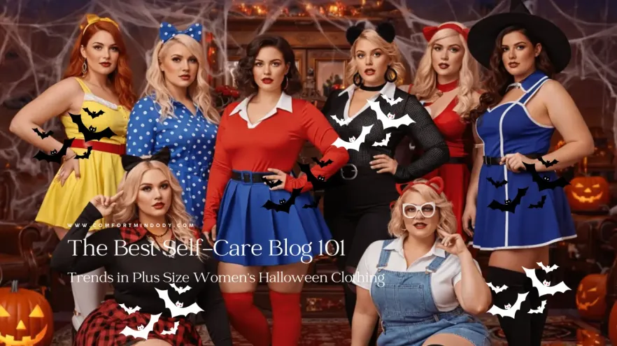 Love Your Curves: Trends in Plus Size Women's Halloween Clothing 2 Group of eight women wearing colorful Halloween costumes posing in a festive room with pumpkins, cobwebs, and spooky decor, styled for a creative seasonal photoshoot.