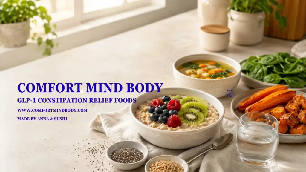 Colorful flat lay of kiwi, berries, oats, chia, flaxseed, lentils, sweet potato, water, and tea for GLP-1 constipation relief foods