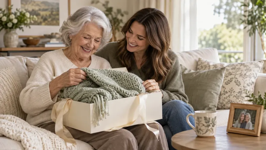 37 Thoughtful Gifts for Grandma That Feel Personal and Useful 2 Older woman opening a gift box with another woman beside her on a sofa.